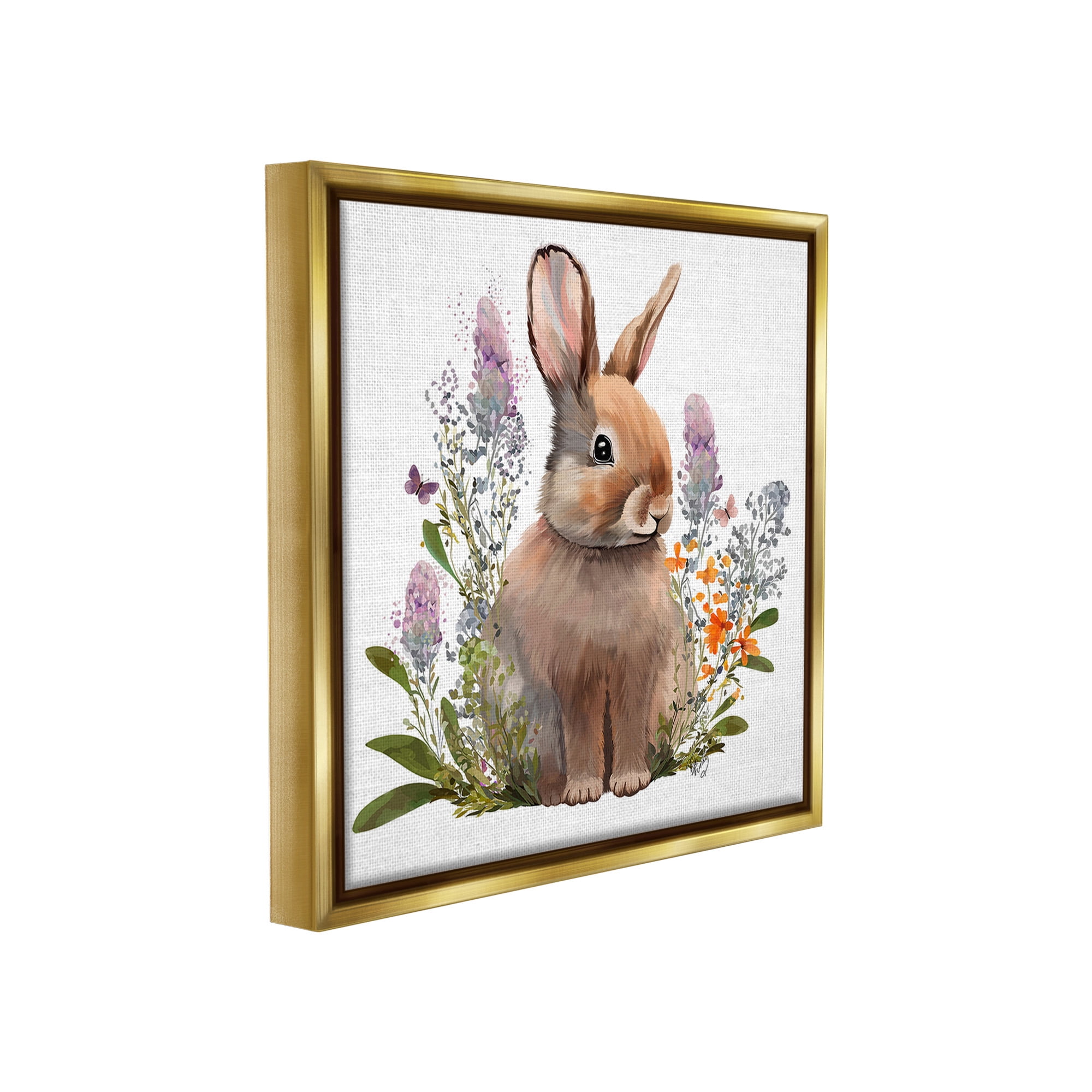 Stupell Industries Brown Bunny with Florals Animals & Insects Painting Gold Floater Framed Canvas Art Print Wall Art, 25 x 25