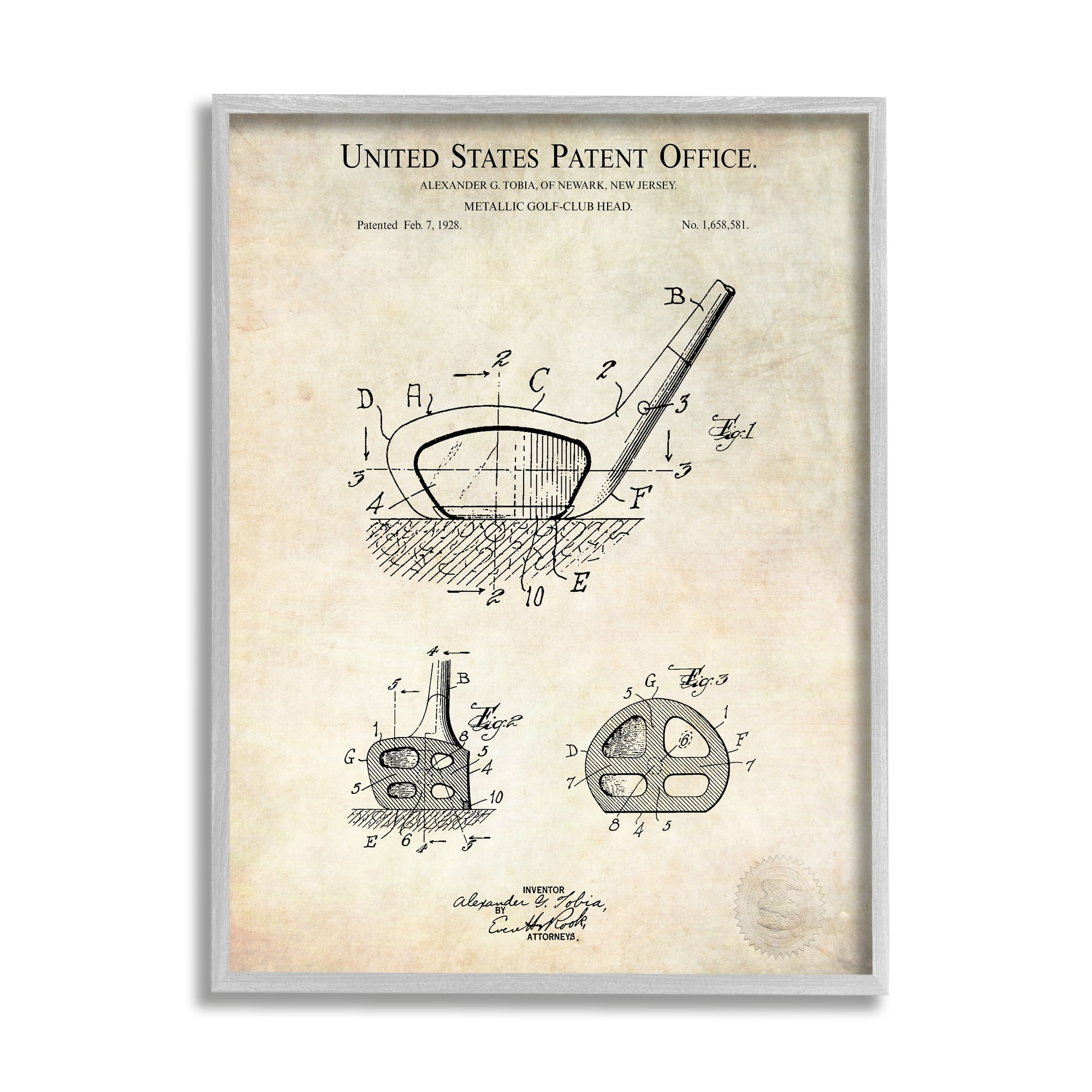 Stupell Industries Golf Club Head Detailed Design Blueprint Patent Framed Wall Art, 16 x 20, Design by Karl Hronek