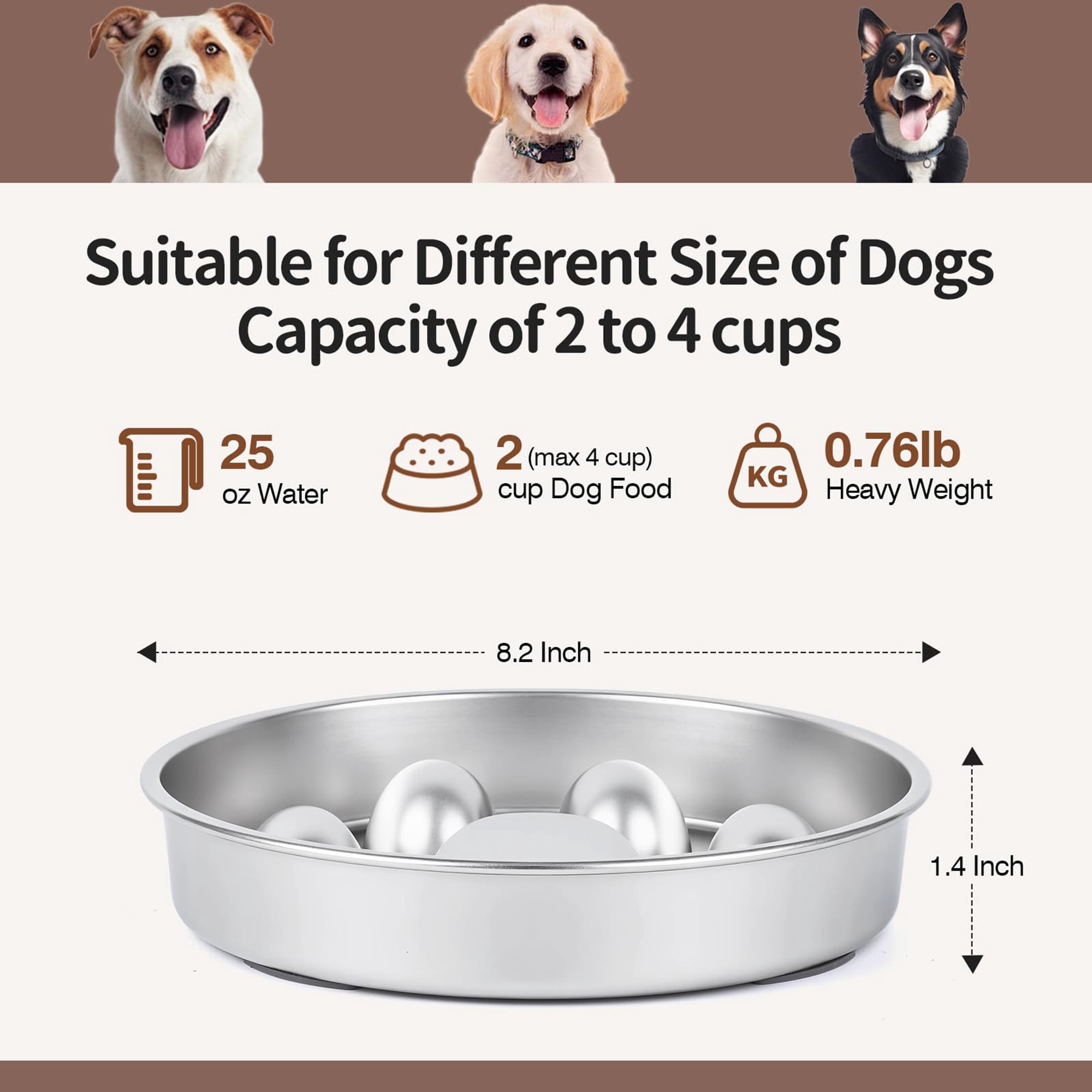 Slow feeder dog bowl stainless steel, non slip base slow eating bowl for fast eaters, raised obstacle design reduces bloat and indigestion for small medium large dogs, dishwasher safe pet bowl, siler