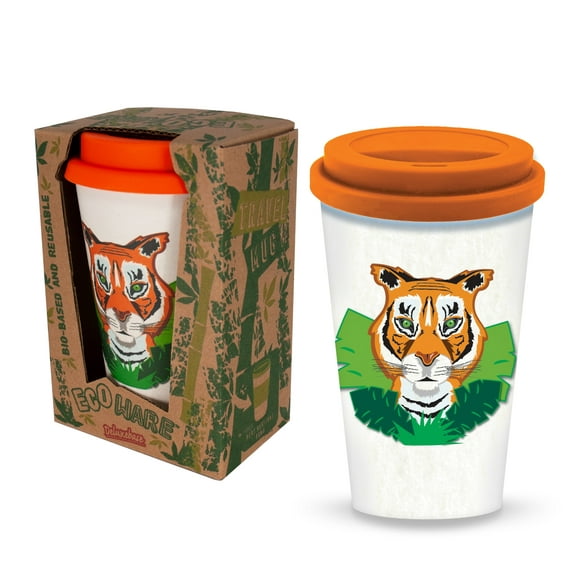 Ecoware Travel Mug - Tiger by Deluxebase. 400ml Reusable Bamboo Cup for Coffee, Tea & Hot Drinks