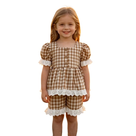Toddler Girl Outfits 2 Piece Lace Plaid Print Short Sleeve Crew Neck Pocket T-Shirt And Shorts Outdoor Wear Baby Girls' Clothing Sets 6 Months-12 Months