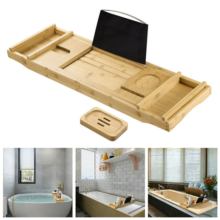 Aquaterior Wood Bamboo Bathtub Caddy Tray Organizer over Tub Rack Phone  Tablet Holder 2 Side Trays 