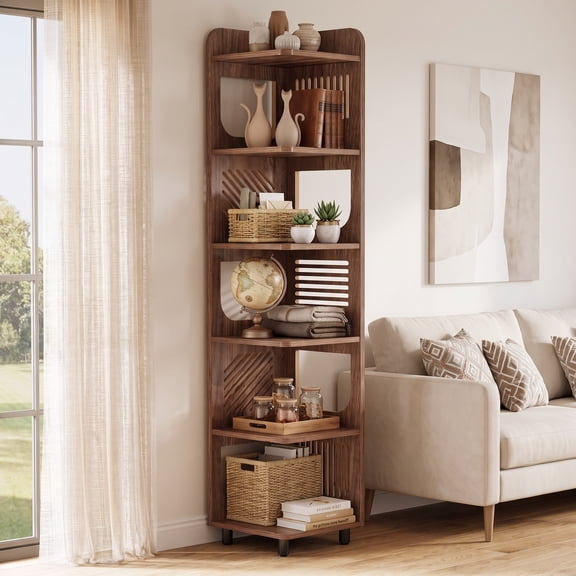 Fnova 71" 6-Tier Tall Corner Bookshelf, Rustic Wooden Narrow Corner Bookcase with Artistic Square Rack, Freestanding Display Storage Shelf for Space-Saving Home Organizing