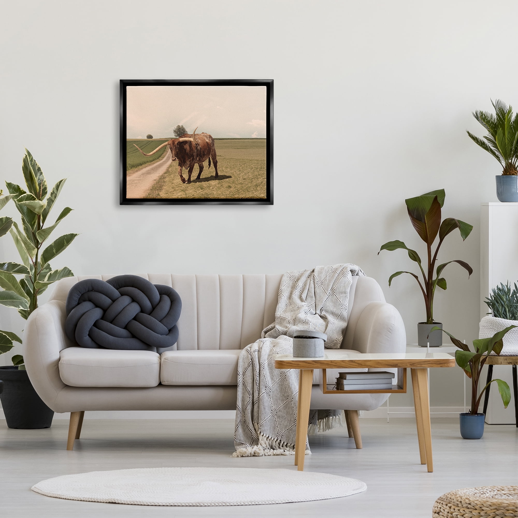 Stupell Industries Longhorn Cattle Grazing Scenic Countryside Landscape Photograph Jet Black Floating Framed Canvas Print Wall Art, Design by Marcus Prime