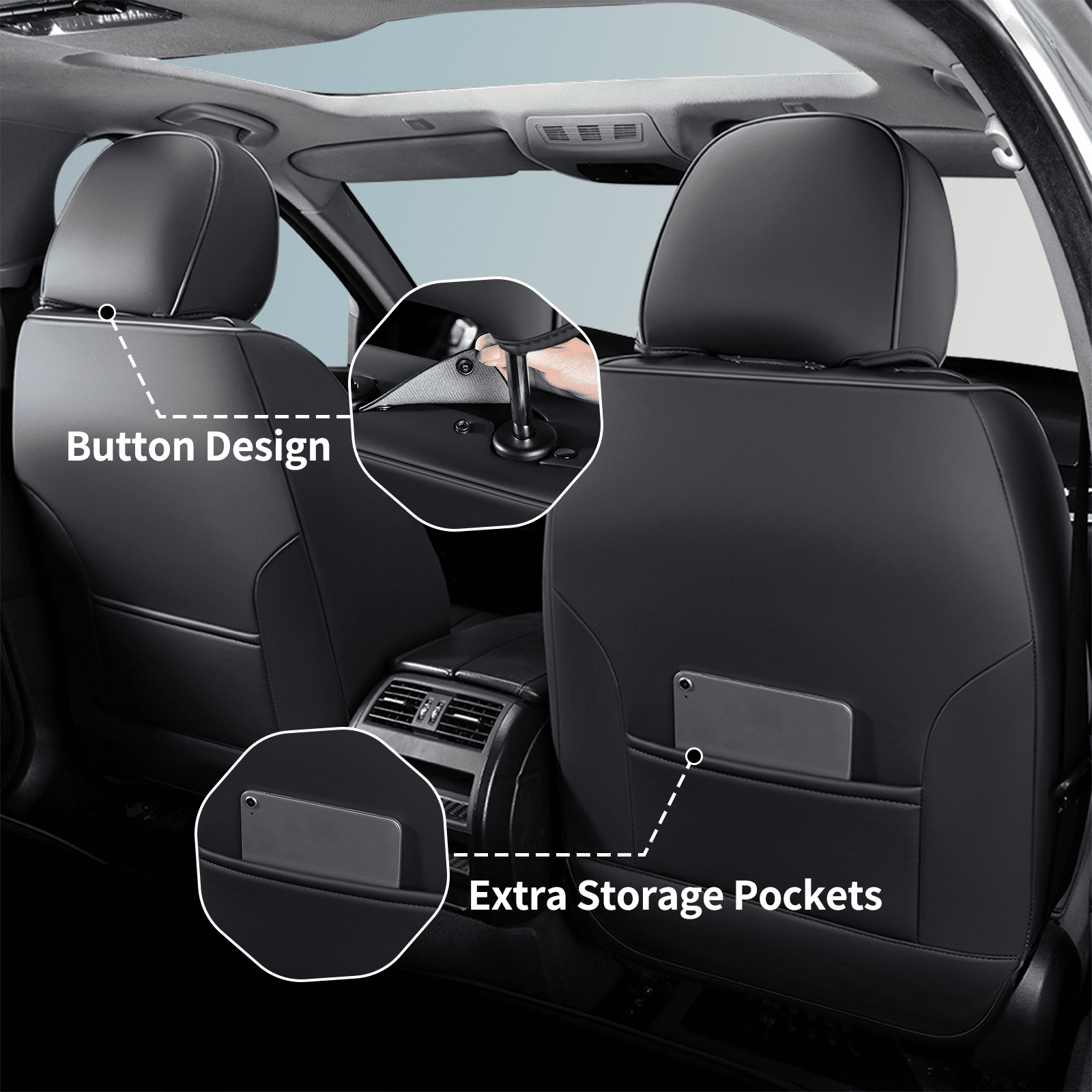 Coverado Car Seat Covers Full Set, Premium Leather Front and Rear Seat Protectors, Sleek Design Universal Fit for Most Cars, Black