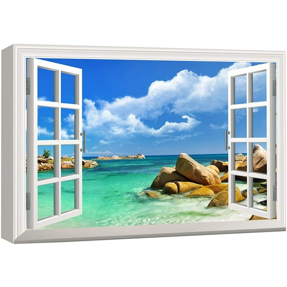 wall26 Canvas Print Wall Art Window View to The Rocky Teal Beach Nature Wilderness Photography Realism Rustic Landscape Colorful Multicolor Ultra for Living Room, Bedroom, Office - 12"x18"