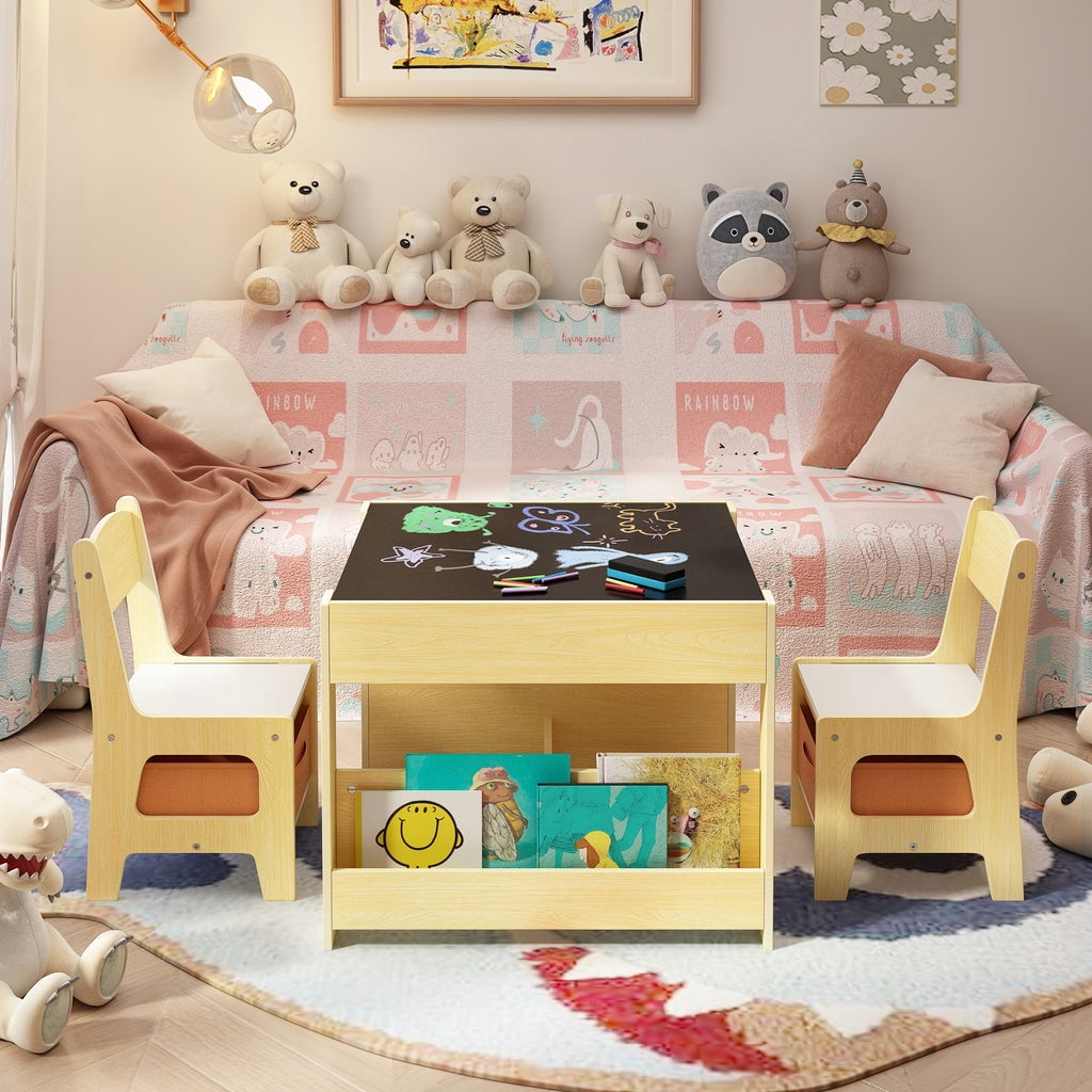 Aiho 3 Piece Child Table and Chair Set, 4-in-1 Kids Table Set, Child Activity Desk with Chalkboard/Whiteboard and Bookshelf - Retro