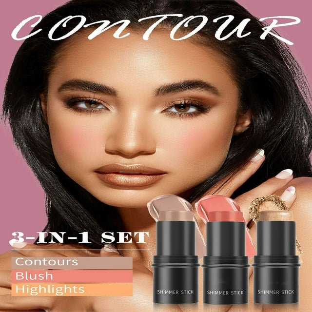 Dvkptbk Contouring stick High Gloss Powder Blusher Repair Stick 3-piece Set Box Facial High Gloss Stick Powder Blusher Cream Makeup Set