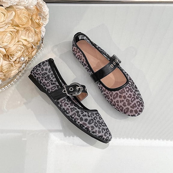 Women's Leopard Print Mesh Mary Jane Flats, Adjustable Buckle Strap Ballerina Shoes, Breathable Square Toe Casual Flat Shoes for Daily Party