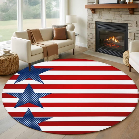 4th of July Round Area Rug 8Ft Washable Large Circle Rugs for Living Room Dorm, Independence Day Red Blue Stars Striped Non-Slip Carpet Floor Mats Indoor Outdoor Carpet Runner Aesthetic Home Decor
