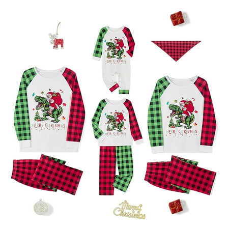 

wybzd Christmas Family Pajamas Matching Sets Dinosaur Santa Claus Print Tops Classic Plaid Pants Xmas Soft Sleepwear