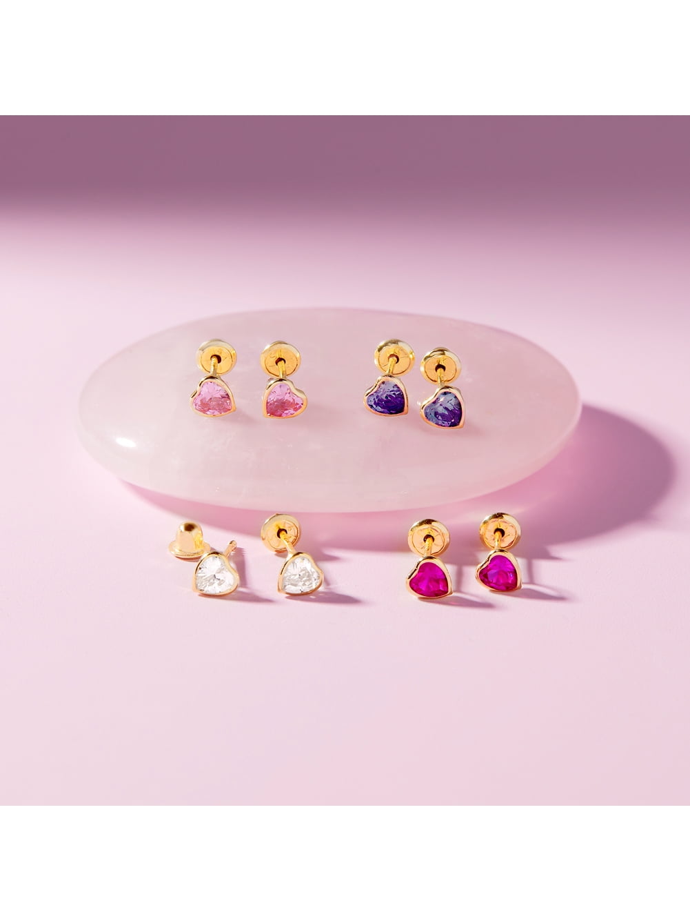 14k Yellow Gold 4mm Pink Bezel Heart Cubic Zirconia Screw Backs for Baby Girls