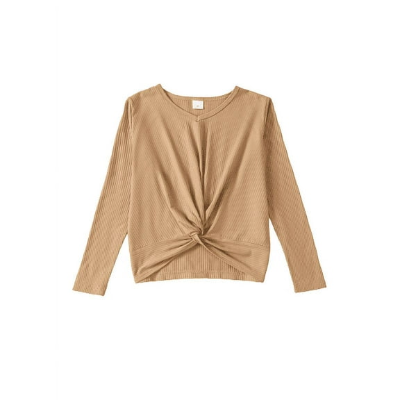 Mikrdoo 8Y,9Y,10Y,11-12Y,13-14Y Kid Girls Shirt Twist Knot Casual V-neck Solid Color Long Sleeve Pullover Top 11-12 Years Kakhi