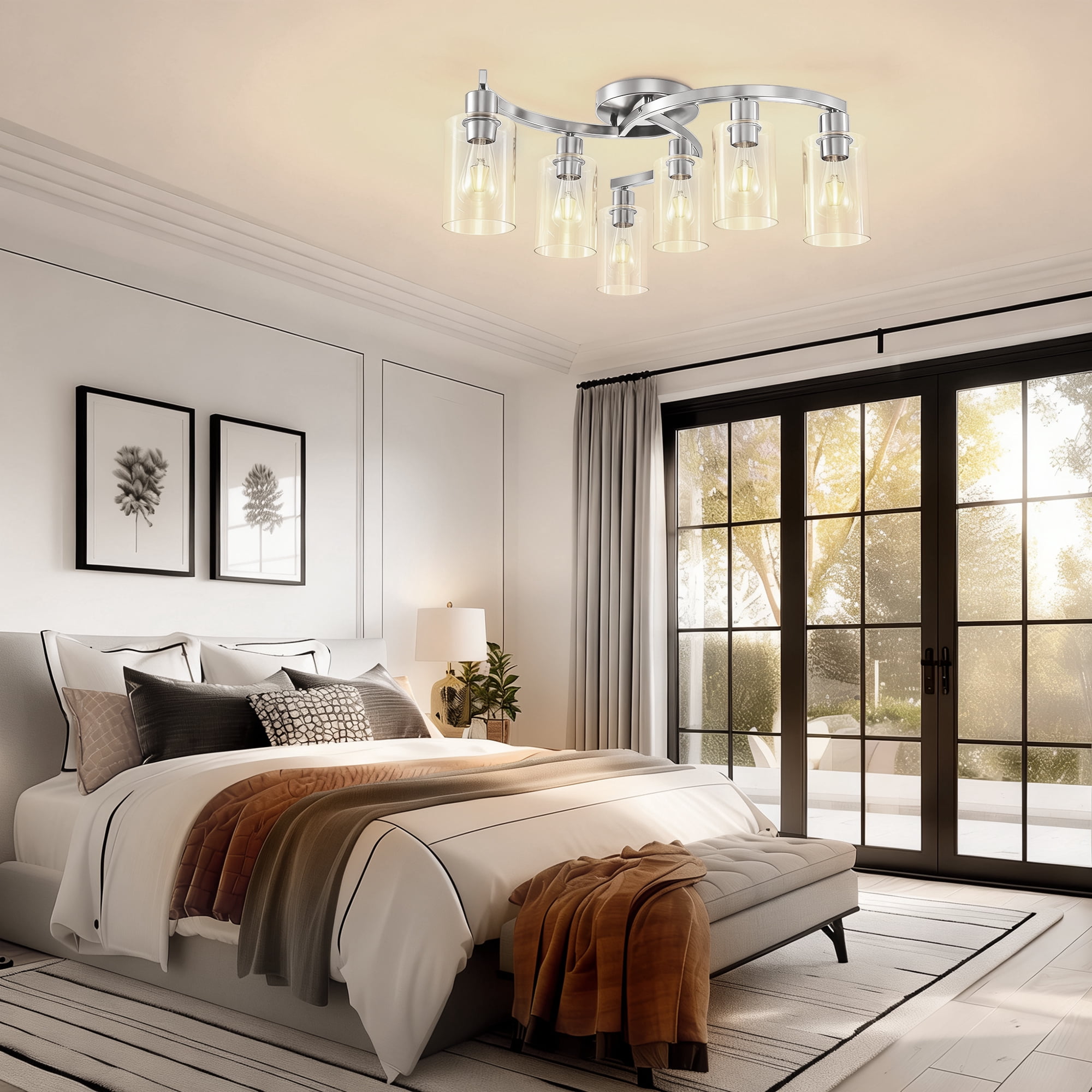 YANSUN Modern 6-Light Industrial Ceiling Light, Bent Tube Design with Clear Glass Shades, 20.5 in Flush Mount for Dining Room Living Room