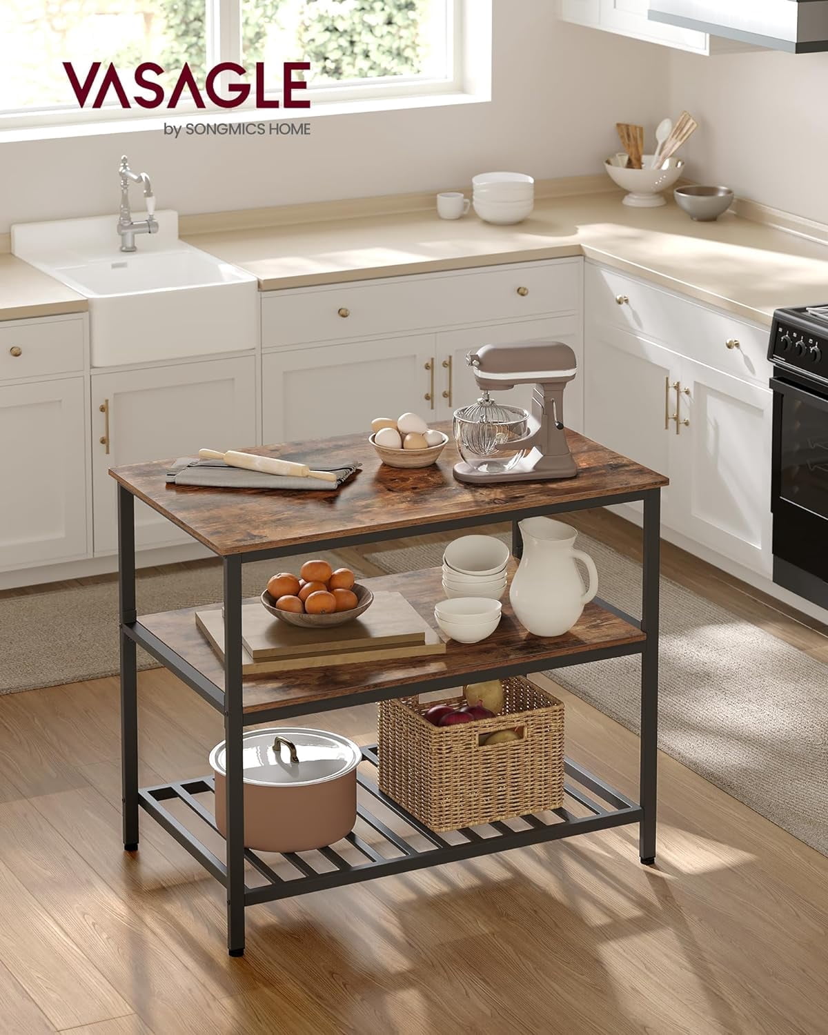 Kitchen Island with 3 Shelves, 39.4 Inches Kitchen Shelf with Large Worktop, Stable Steel Structure, Industrial, Easy to Assemble, Rustic Brown and Black