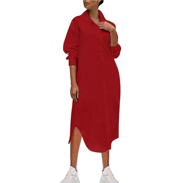 Gspmoly Robes pour Femmes, Robe Mode pour Femmes à Col Rabattu Ample en Coton et Lin à Manches Longues Ajustée à Taille Haute, Robes de Vacances pour Femmes Offres des Fêtes