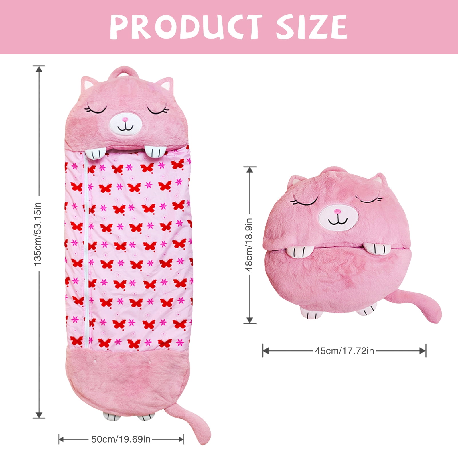 Kids Cat Sleeping Bag with Pillow - 2-in-1 Foldable, All Seasons, Soft & Warm (54"x20")-Pink