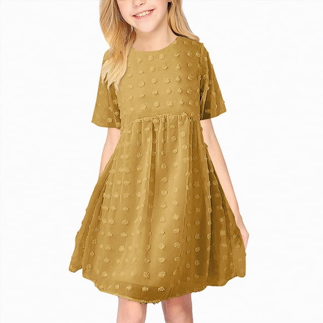 NIEWTR Robe d'Été Unie pour Filles Manches Bouffantes Taille Ajustée Robe Trapèze (Jaune, 7-8 Ans)