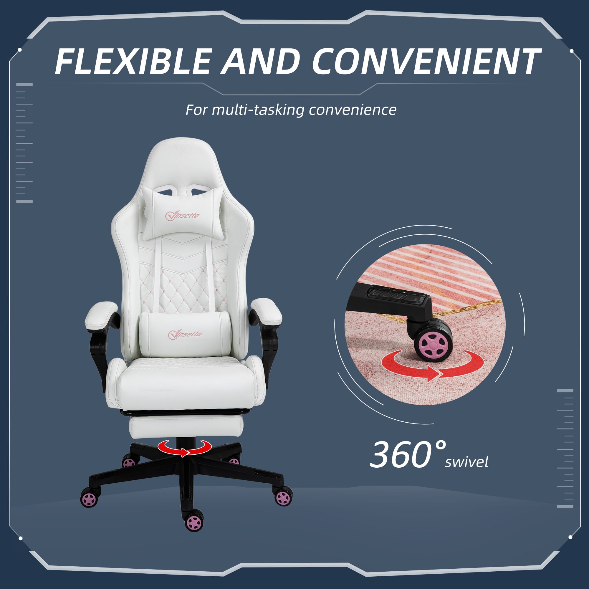 Vinsetto Video Game Chair with Footrest and Pillow, White/Pink