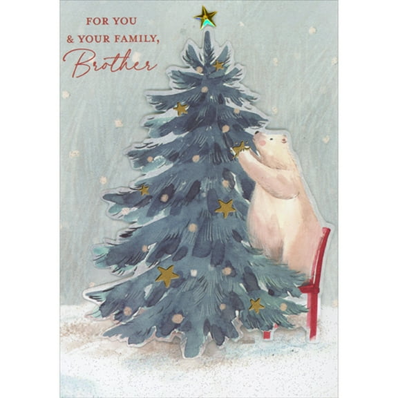 Designer Greetings Polar Bear Standing on Red Chair Placing Star on Tree 3D Hand Decorated Christmas Card for Brother and Family
