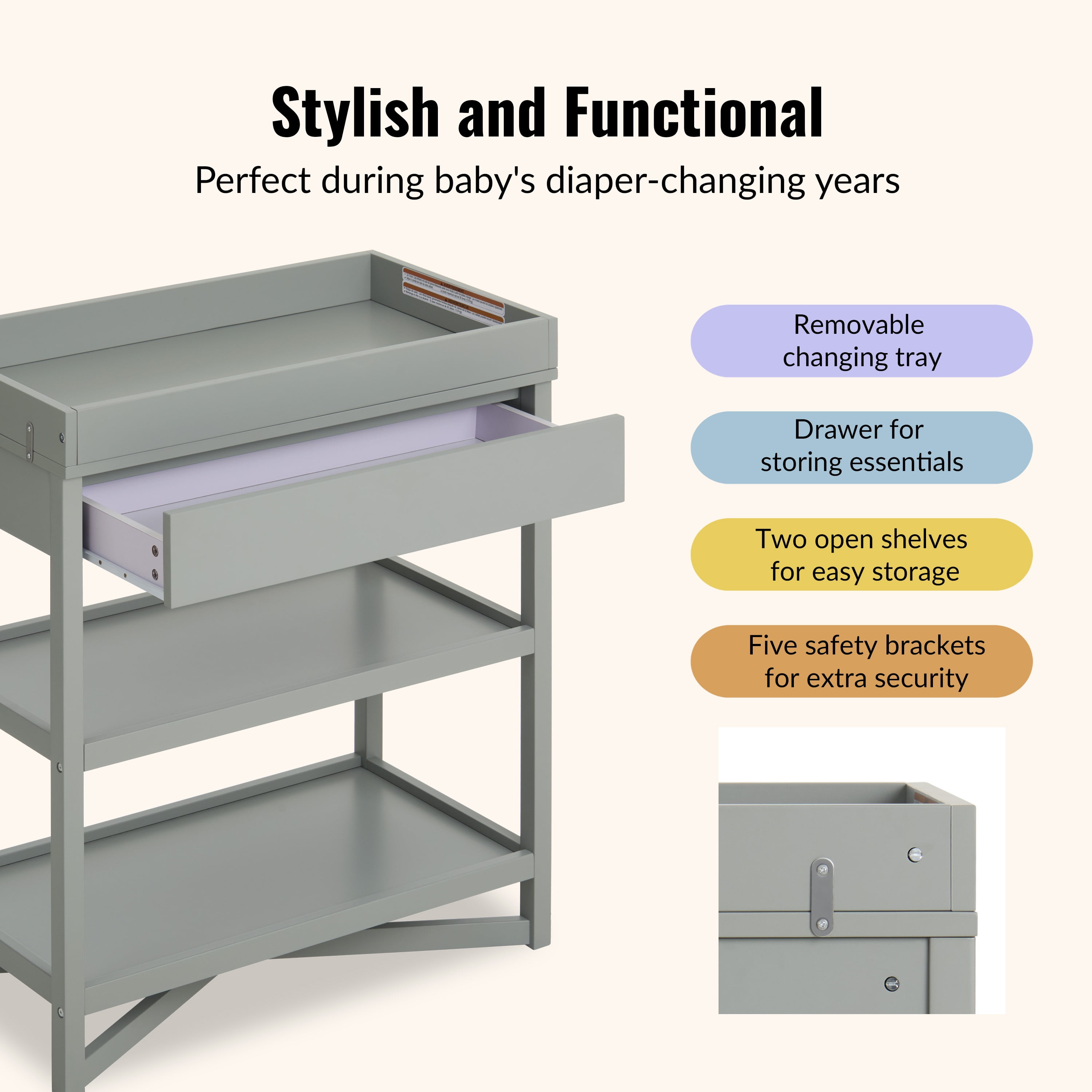 Dream On Me Owen Changing Table in Sea Grass, JPMA Certified, with two bottom shelves for storage