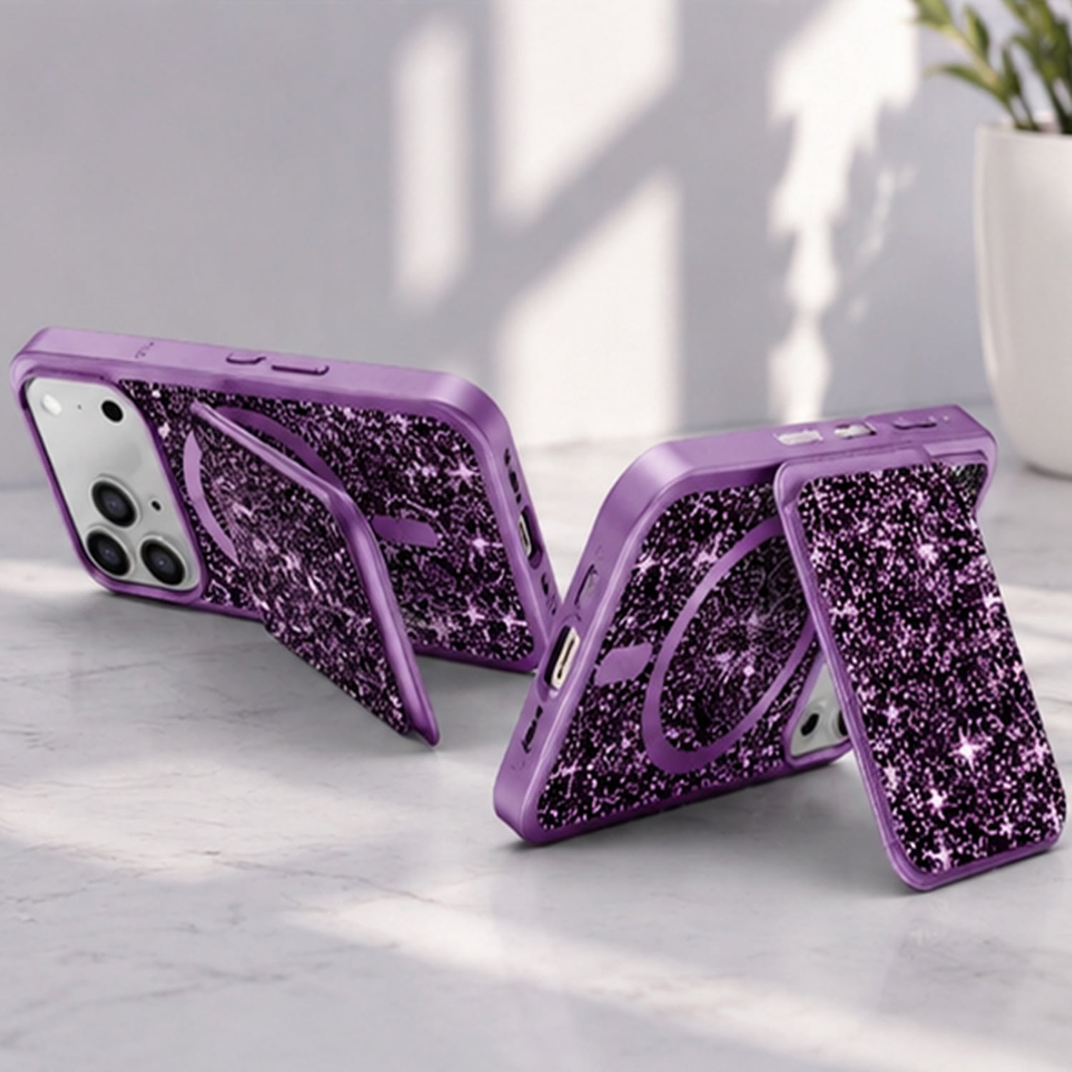 Heavy-Duty Magnetic Diamond Wallet Case for iPhone 17 Pro Max - Purple