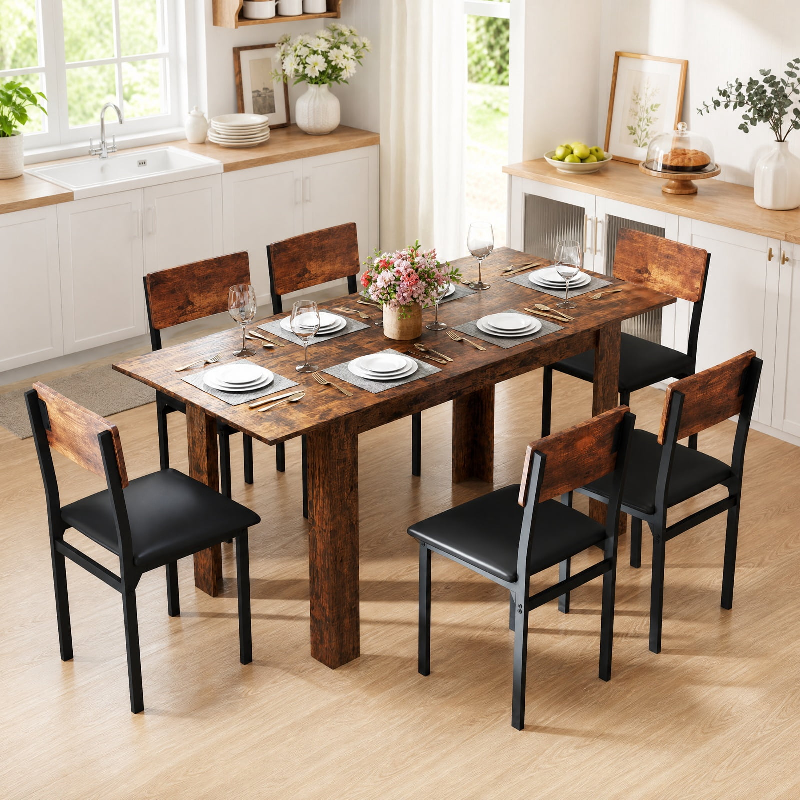 Furnibear Extendable Dining Table for 4 to 8 People with Sliding Rails and Thick L Shaped Legs for Kitchen and Dining Room, Rustic Brown