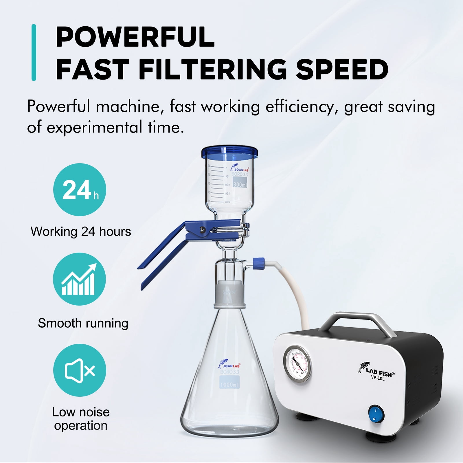 LAB FISH Oil-Free Diaphragm Vacuum Pump, 10L/min 0.075Mpa, Portable Laboratory Vacuum Filtration Pump with Rubber Hose, 110V, Maintenance-Free
