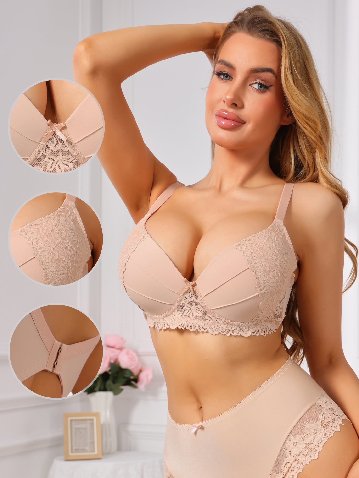 DARING DIVA Women's French Plunge Lace Underwire Adjustable Straps Bra B 40 Beige