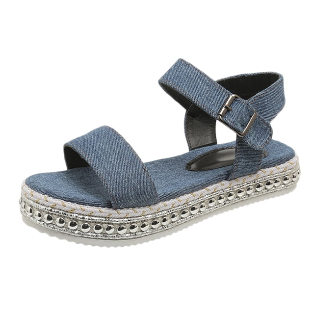 Bmisegm Women's Summer Fashion Denim One Buckle Sandals Open Toe Thick Bottom Sandals Sandals Women Summer Blue 8