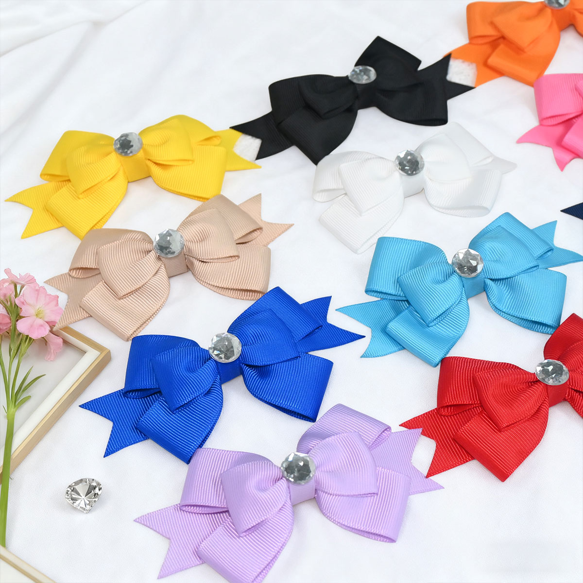 JoyBowie 12 Pcs 4.5 Inch Rhinestone Grosgrain Hair Bows, Alligator Clips for Girls