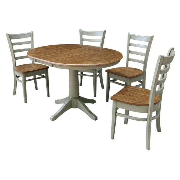 36" Round Solid Wood Extension Dining Table With 4 Emily Chairs in Distressed Hickory/Stone by International Concepts