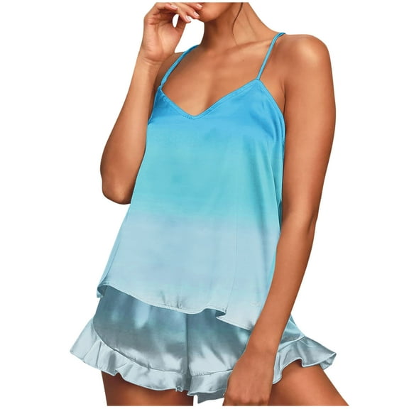 Kaemgyyd 2 Pieces Silk Pajamas Sets for Women Satin Ruffle Hem Shorts and Sleeveless Camisole Tops Lounge Gradation Sleepwear