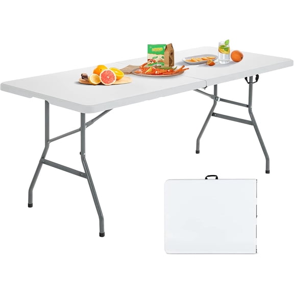 Folding Picnic Table, 6FT Portable Foldable Tables for Party BBQ, Metal Legs, HDPE, White Outdoor Indoor Camping Table with Handle, No Assembly