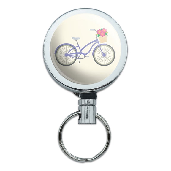 Bicycle Bike With Basket of Flowers Retractable Belt Clip Badge Key Holder