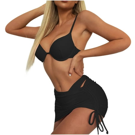Lopeceal Womens Sexy 3 Piece Bikini Set Solid Color Summer Beach Bra Triangle Thong Cover Up Skirt Tie Swimsuit Bathing Suits