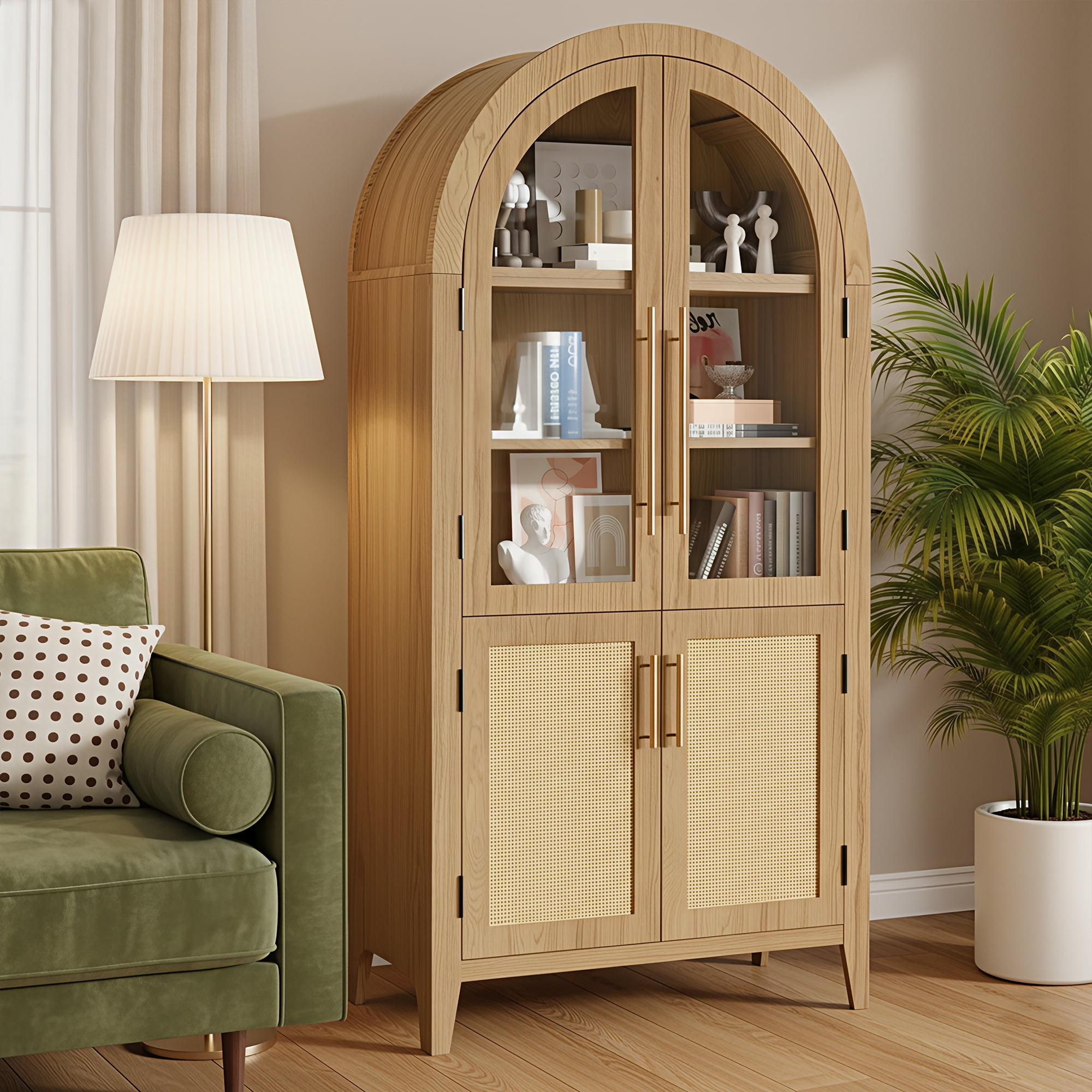 MAYEERTY Arch Display Cabinet with Glass Doors, Wooden Storage Cabinet with Adjustable Shelves for Living Room, 63" Oak
