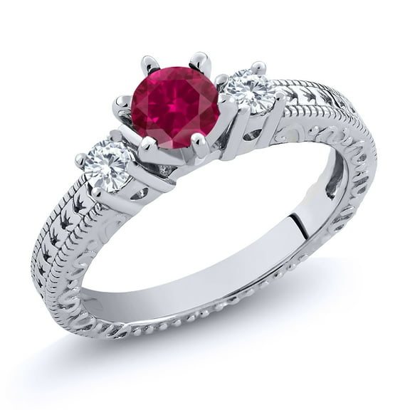 Gem Stone King 925 Sterling Silver 3-Stone Ring Set with Round Red Created Ruby and Moissanite (1.20 Cttw, Size 5)