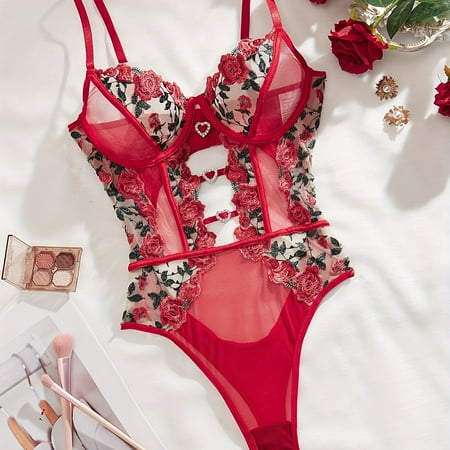hghfhj Floral Embroidery Mesh Crotch Snap Teddy Hot Hollow Out Semi Sheer Intimate Bodysuit Womens Sexy Lingerie & Underwear