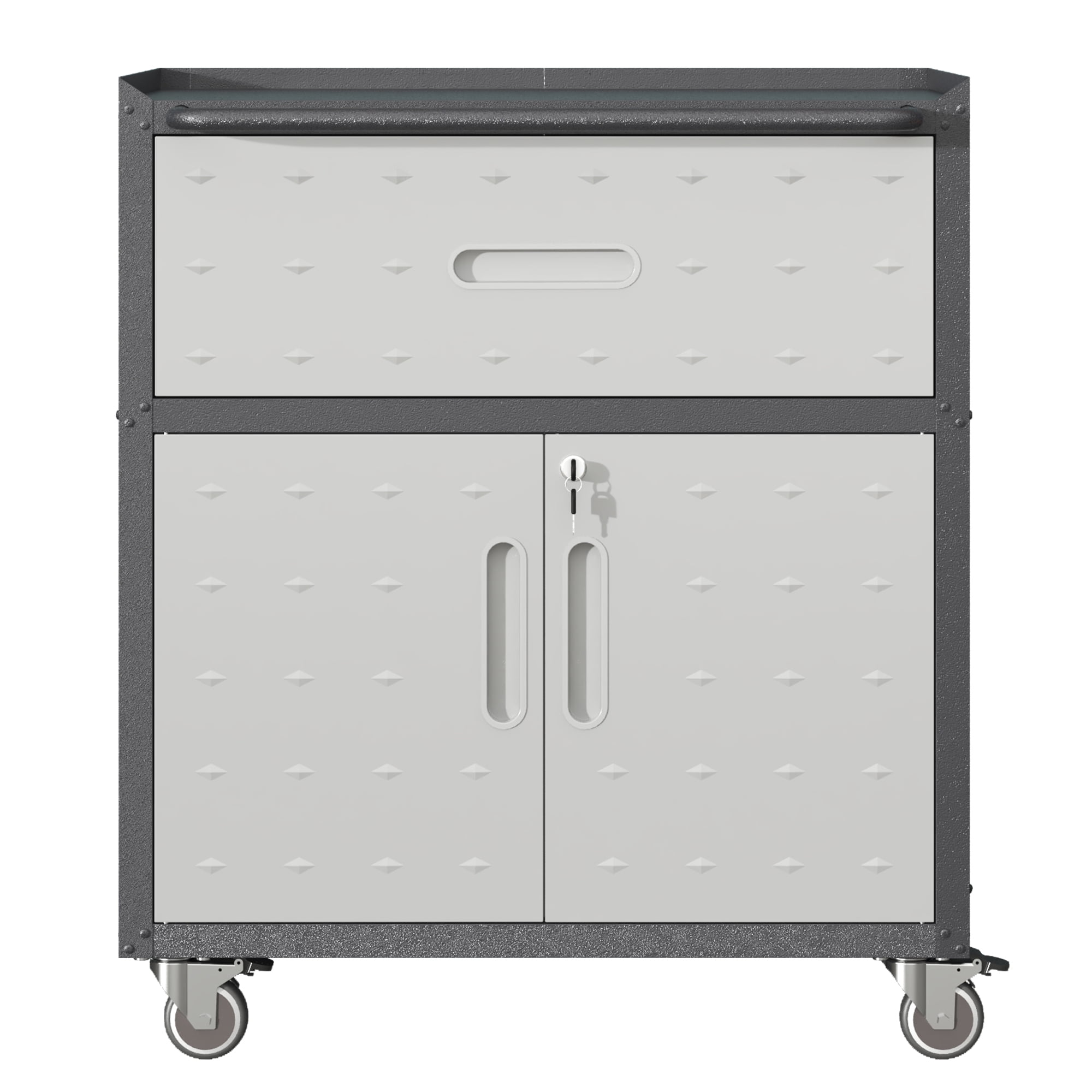 Sturdy and Durable Metal Tool Cabinet for Garage with Wheels, Mobile Heavy-Duty Storage Cabinet with 1 Drawer and 2 Locking Doors, Rolling Tool Storage Cabinet, Black and Gray
