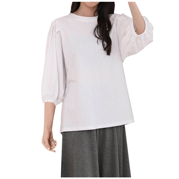 Annhoo Cotton Tops for Women Solid Color Pleated Crewneck Pullover Long Sleeve Shirts Loose Clothes
