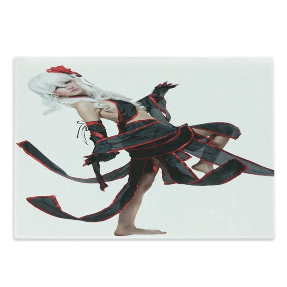 Anime Cutting Board, Posing Warrior Girl in Manga Style Japanese Culture Themed Illustration Art, Decorative Tempered Glass Cutting and Serving Board, Large Size, Red White and Black, by Ambesonne