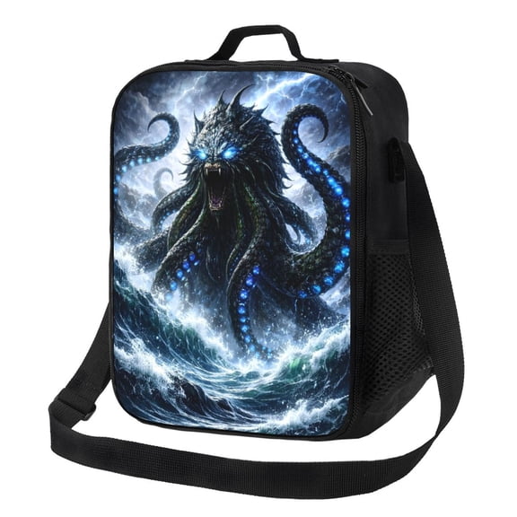 Dark Sea Monster Lunch Bag Insulated Thermal Box with Shoulder Strap & Handle for Work and Picnic