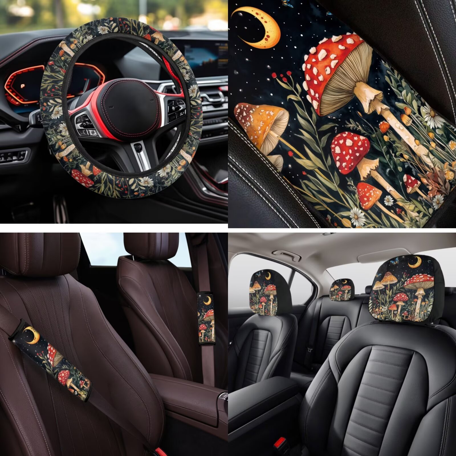 Garronmavis Cute Mushroom 14 Pcs Car Accessories Full Set with Car Head Rest Cover Steering Wheel Protector Armrest Cover and Seat Belt Covers Full Coverage Universal Fit for Auto Cars SUV