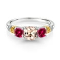 thumbnail image 2 of Gem Stone King 925 Silver and 10K Yellow Gold Peach Morganite and Red Created Ruby and Diamond 3-Stone Ring for Women (1.58 Cttw, Gemstone October Birthstone, Cushion 6MM and 4MM, Size 9), 2 of 3