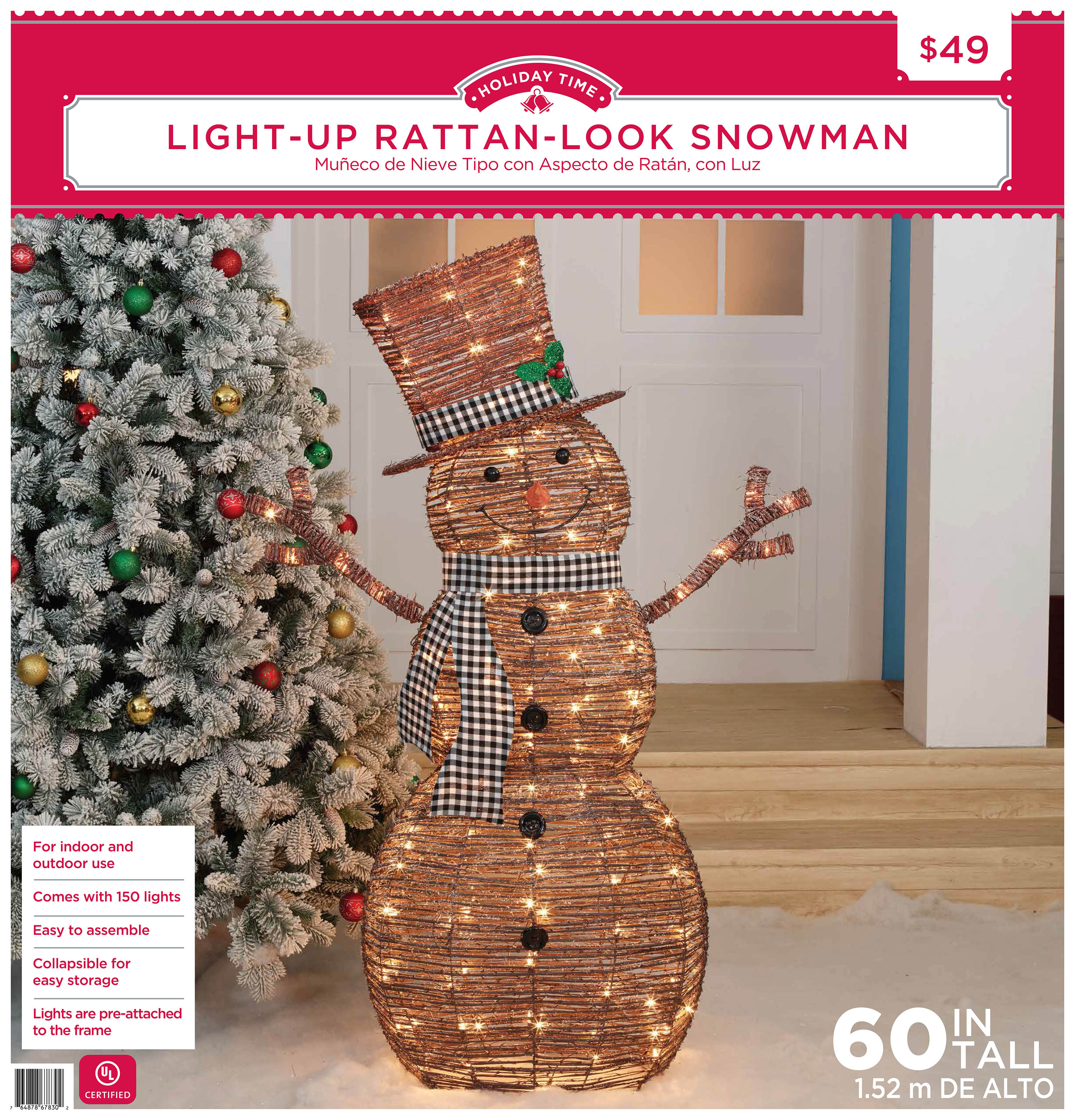 Holiday Time 60 inch Light-Up Rattan-Look Snowman, 150 Incandescent Lights - image 3 of 5