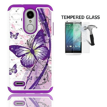 LG Rebel 4 Case, AT&T Prepaid LG Phoenix 4 Case, Phone Case for Straight Talk LG Rebel 4 Prepaid Smartphone, Studded Diamond Bling Cover Case + Tempered Glass Screen Protector (White-purple butterfly)