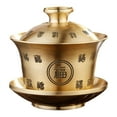 thumbnail image 1 of Taza de té y platillo con adornos de tapa, tazón de té creativo portátil decorativo de cobre para oficina, hogar, viajes, cocina, restaurantes palabra fu, 1 of 8