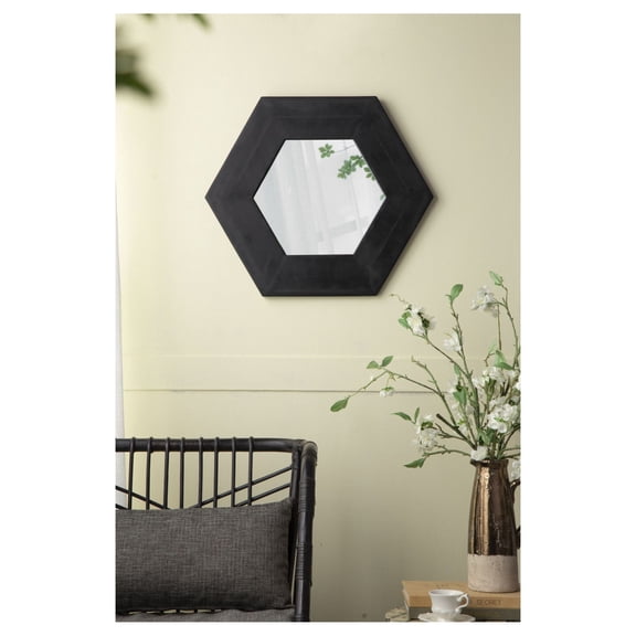Hexagon Wall Mirror 18.5 inch, Black Teak Wood- Living Room, Bathroom, Hallway Decor - Modern Minimalist