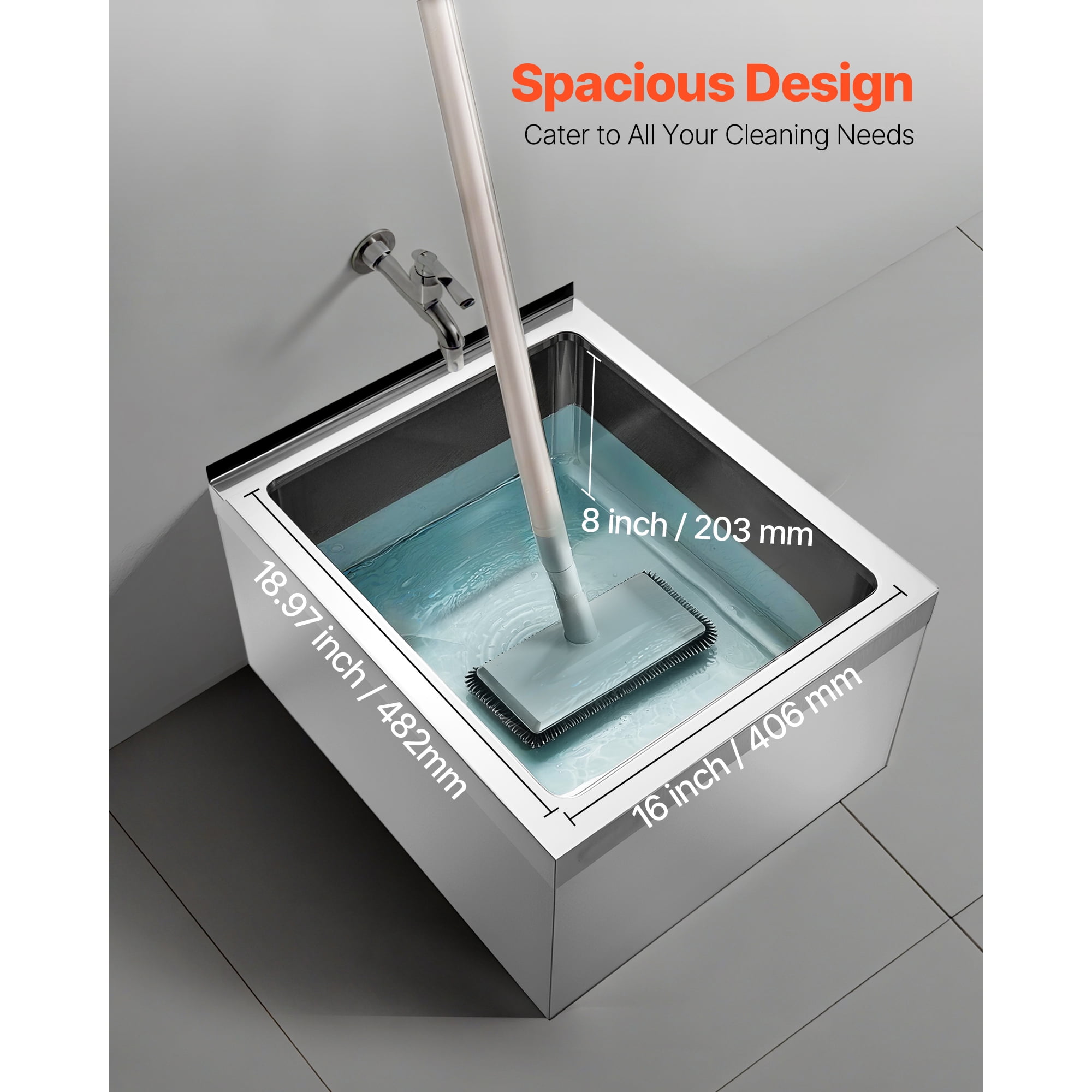 KFFKFF Stainless Steel Wall-Mounted Mop Sink, 22 x 19 x 12 in, 304 Stainless Steel Construction, Includes Backsplash, Multi-Function Filter, and X-Shaped Drainage Design,Ideal for Balcony or Bathroom